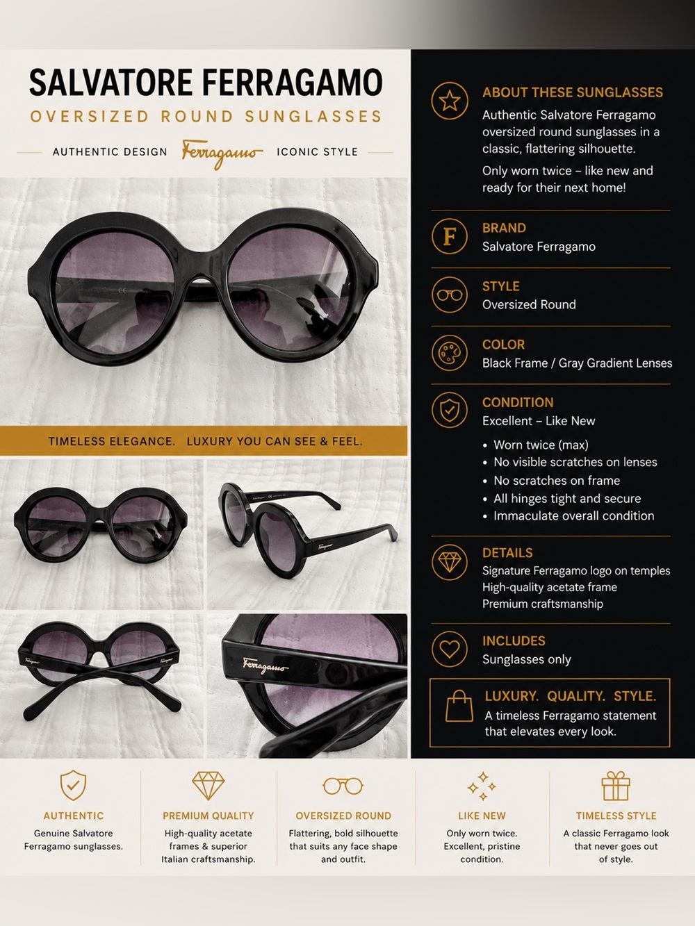 Salvatore Ferragamo Oversized Round Black Sunglasses